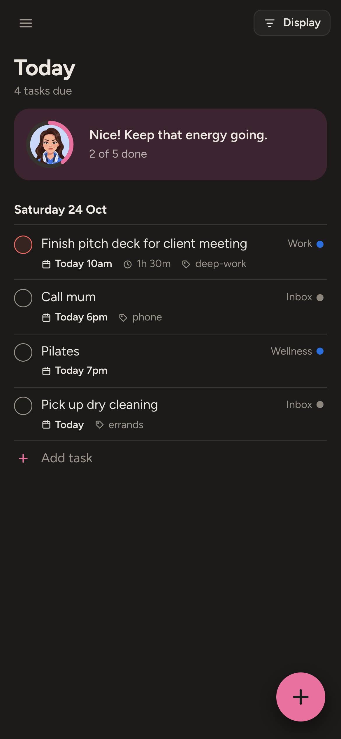 Taskly in dark mode: the coach with today’s line, “Glow up, one task at a time.”, above the day’s tasks.