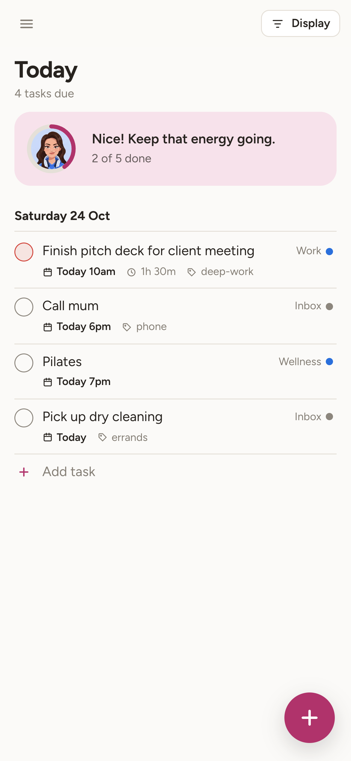 Taskly on a phone: today’s tasks, with the coach and the daily quote “Glow up, one task at a time.”